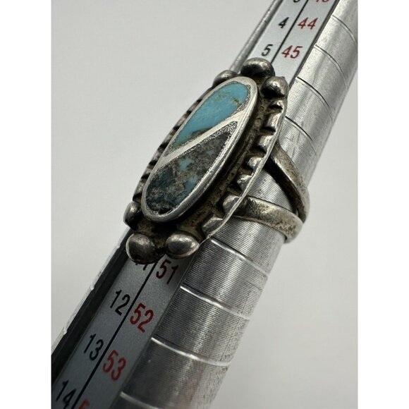 Old Pawn Zuni Inlayed Turquoise Oval Ring Size 5 Etched Band Unmarked - Picture 8 of 8